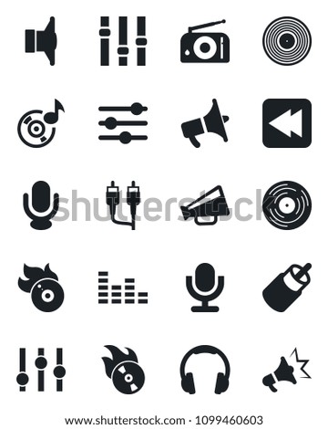 Set of vector isolated black icon - vinyl vector, flame disk, radio, speaker, loudspeaker, settings, equalizer, microphone, headphones, rewind, rca, tuning, music, advertising