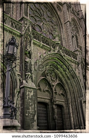 Old photo with detail from Peter and Paul Cathedral in Ostend, Belgium, one of architectural symbols of the city. Border filter applied and vintage processing.