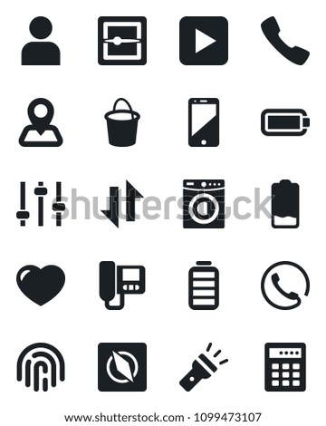 Set of vector isolated black icon - bucket vector, navigation, cell phone, heart, battery, low, play button, call, tuning, user, scanner, data exchange, torch, compass, fingerprint id, washer