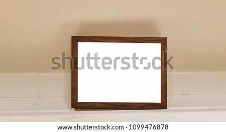 Wooden Empty Frame On The White Shelf.Blank Advertisement Banner Poster Mock Up Isolated Template Clipping Path.