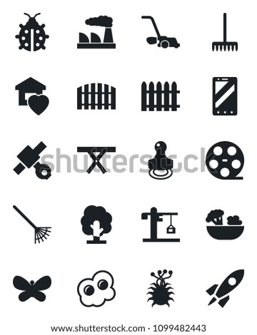 Set of vector isolated black icon - mobile phone vector, factory, fence, rake, tree, lawn mower, butterfly, lady bug, picnic table, virus, satellite, reel, stamp, sweet home, crane, salad, omelette