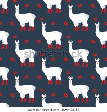 Llama in boots seamless pattern on the blue background. Vector illustration