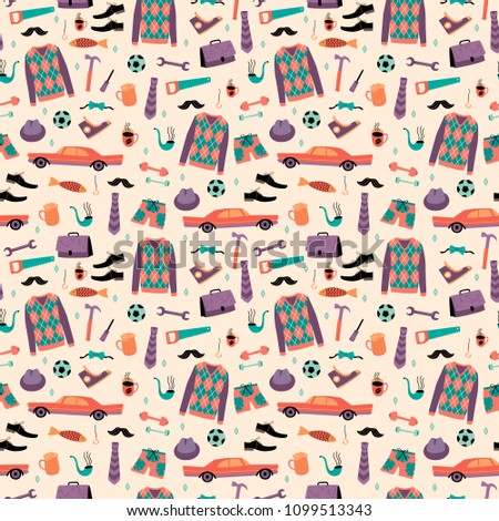 Vector seamless pattern with mans things. Happy Fathers Day concept. Design template.