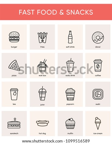 Collection of 16 fast food & snack vector icons. Black line isolated pictograms for web and print design