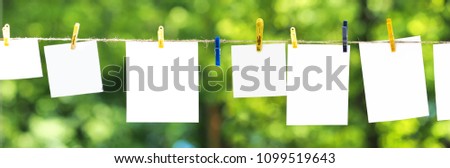 Empty paper sheet frames hanged by colored clothespins on green leaves nature  background. Blank cards on rope. Mock up for display of design, memo backdrop. Pieces of paper, posters. Ecology concept