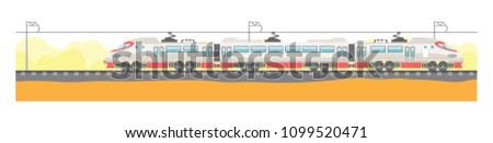 Illustration of train composition. Several wagons connected to the train. Illustration of transportation of cargo and travel by train. Flat bright design.