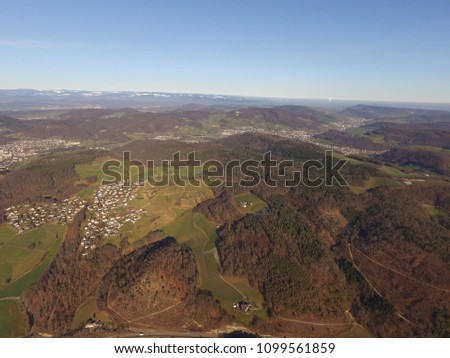 Aereal droneshot of countryside. Ramlinsburg, Switzerland