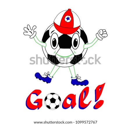 Funny Soccer Ball with peaked cap on a white Background. Vector illustration, print, Football character with lettering