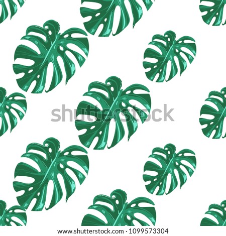 Monstera leaf pattern. Vintage watercolor print with green monstera leaves. Summer seamless pattern background with tropical floral elements on white backdrop.