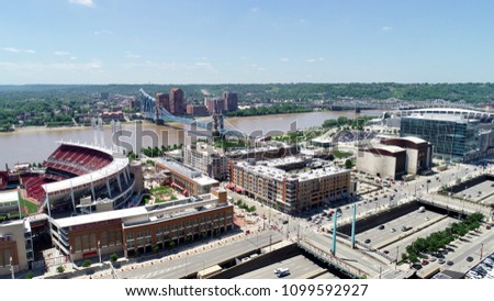 Gorgeous view of commuting traffic in Cincinnati. You can see two of Cincinnati’s famous bridges in this view on a perfect spring day.