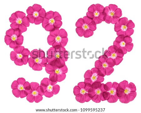 Arabic numeral 92, ninety two, from pink flowers of flax, isolated on white background
