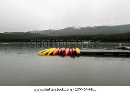 Colorful Canoes at Pyramid Lake, Alberta, Canada