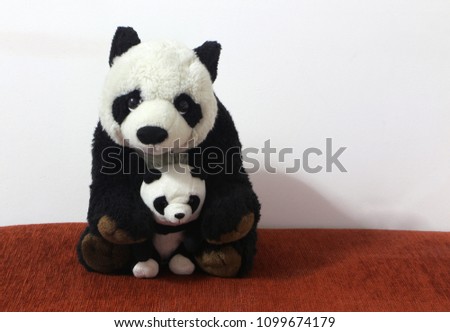 Baby and mother, panda doll black and white on red velvet table.