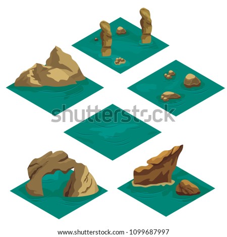 Beach landscape isometric game asset. Tile set for cartoon or game to create landscape scene and background with sea coast, sand beach, rocks and trees. Isolated isometric tiles, vector illustration