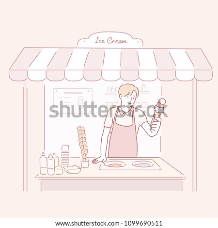 Ice cream sales staff. hand drawn style vector doodle design illustrations.