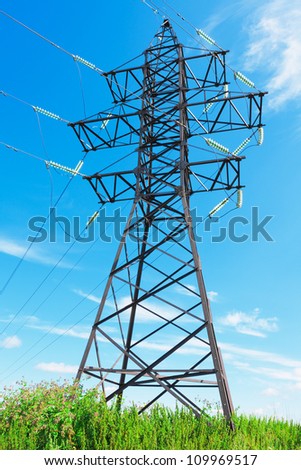 High voltage lines beneath the blue cloudy sky
