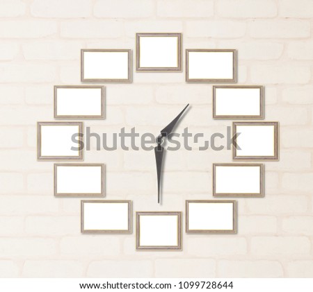 Closeup surface blank wood frame for decorate in array in clock shpae with clockwise on brick wallpaper at wall of house textured background