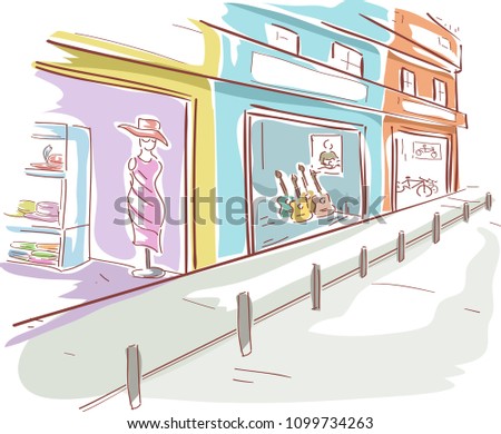 Illustration of Different Stores in the Street from Hats, Guitar and Bikes