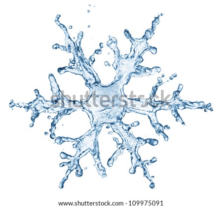 snowflake from water splash with bubbles isolated on white