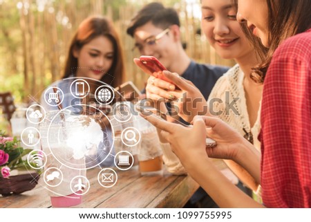 Group of people use smartphone for connecting to various application, internet of things conceptual Royalty-Free Stock Photo #1099755995