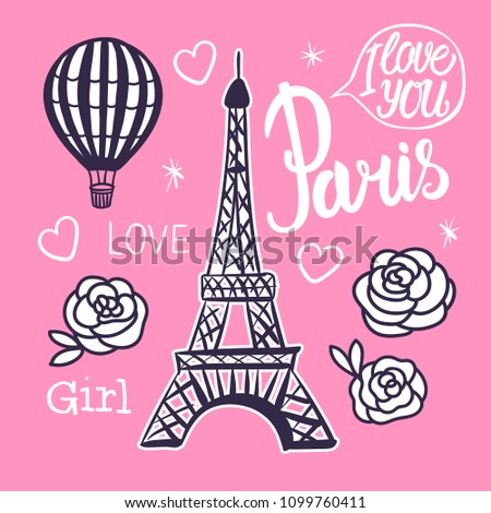 Paris card. Eiffel Tower and Balloon hand drawing. Pink design for girls with a vector illustration.