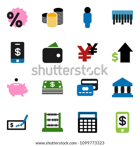 solid vector ixon set - abacus vector, bank, piggy, dollar growth, coin stack, check, calculator, man, yen sign, barcode, credit card, wallet, cash, percent, tap pay