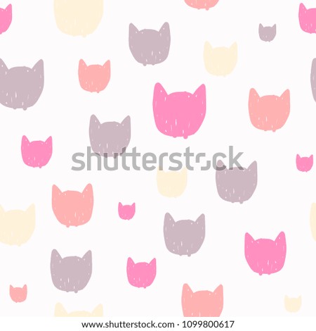 Hand drawn pastel seamless pattern for kids design. Cats head cartoon background.