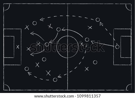 Soccer or football game tactics drawn with white chalk on blackboard, isolated, vector illustration Royalty-Free Stock Photo #1099811357