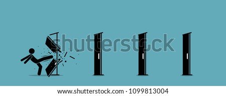 Man kicking down and destroying door one by one. Vector illustration depicts eliminating barrier of entries, roadblocks, overcome challenges, and destroying obstacles with power and brute force. Royalty-Free Stock Photo #1099813004