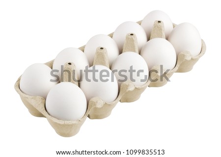 packing, box of white eggs isolated on white background, 10 pieces