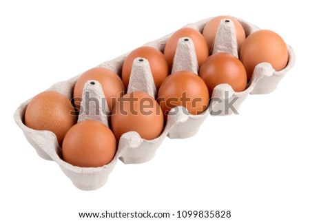 packing, box of brown, beige eggs isolated on white background, 10 pieces