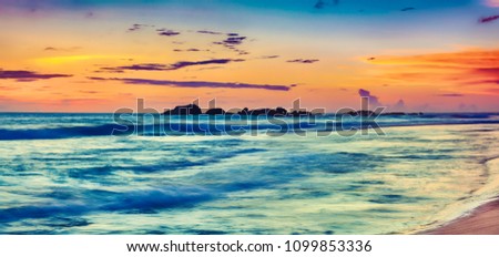 Amazing sunset over the sea. Beautiful landscape. Sri Lanka. Panorama