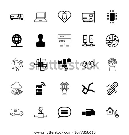 Network icon. collection of 25 network filled and outline icons such as server, globe, user, cpu, chain, cpu in heart, marketing. editable network icons for web and mobile.