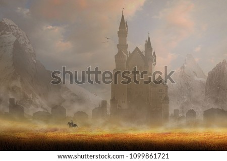                                horse rider of knight in front of old castle with summer background fantasy 