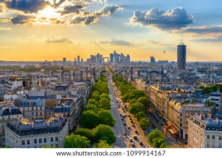 Skyline of Paris with la Defense is a major business district in Paris, France. Panoramic sunset view of Paris. Architecture and landmark of Paris. 