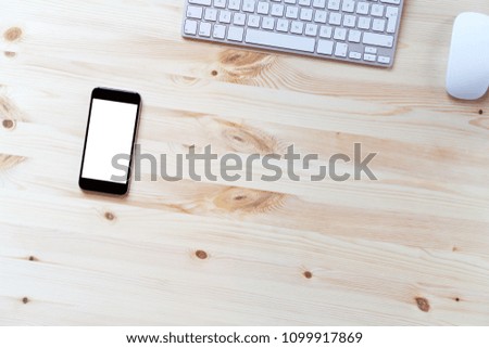 Knolling business desk top view with blank tablet and smartphone
