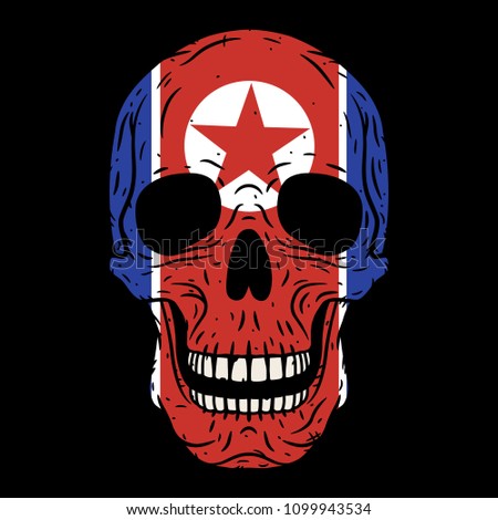 Human skull with North Korean flag isolated on black background