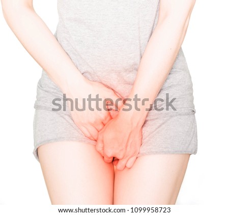 Woman wearing gray clothes, holding hand to spot of pain area, mark red spot of pain,isolated on white background, Health care concept