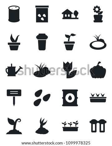 Set of vector isolated black icon - seedling vector, watering can, sproute, plant label, pumpkin, seeds, pond, tulip, oil barrel, house with tree, flower in pot, water filter