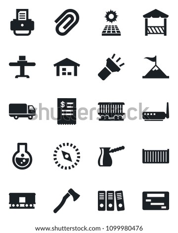 Set of vector isolated black icon - printer vector, axe, railroad, cargo container, car delivery, torch, compass, paper clip, binder, sun panel, warehouse, restaurant table, alcove, receipt, router