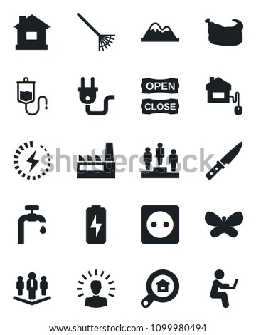 Set of vector isolated black icon - pedestal vector, rake, butterfly, house, dropper, charge, company, water supply, mountains, estate search, factory, open close, chicken, knife, home control