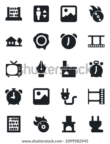Set of vector isolated black icon - elevator vector, alarm clock, tv, abacus, stamp, fireplace, film frame, flame disk, gallery, ink pen, house with tree, power plug