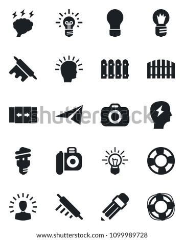 Set of vector isolated black icon - automatic door vector, brainstorm, bulb, camera, pencil, fence, rolling pin, energy saving, shining head, idea, paper plane, crisis management