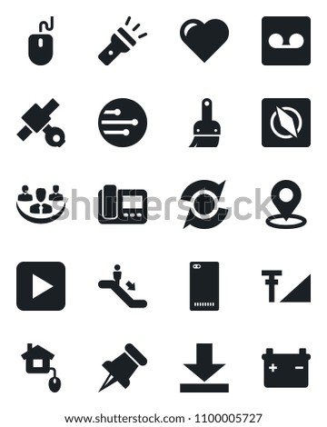 Set of vector isolated black icon - escalator vector, mouse, heart, satellite, paper pin, play button, phone back, themes, record, network, download, torch, place tag, compass, cellular signal