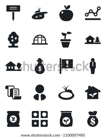 Set of vector isolated black icon - manager vector, contract, seedling, plant label, greenhouse, pond, fertilizer, important flag, application, point graph, house with tree, fruit, estate agent, eco