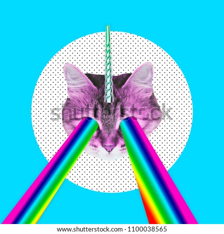 Pink cat with a unicorn horn emits a rainbow laser from eyes. Contemporary art collage. Concept of memphis style posters. Abstract minimalism