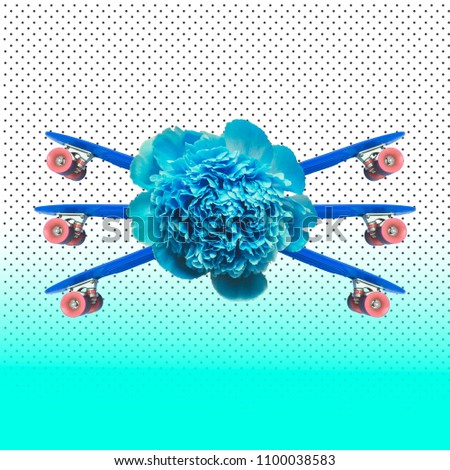 Blue flower with skateboards instead of wings.  Contemporary art collage. Concept of memphis style posters. Abstract minimalism