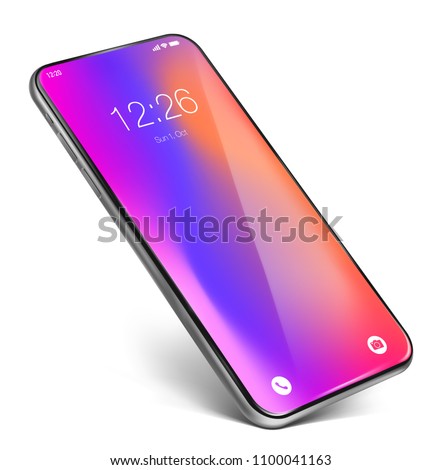 Smartphone frame less lockscreen. Standing on the corner, isolated on white background. Glossy layer on the top of the screen, easy way to paste your own content on screen by using clipping mask.