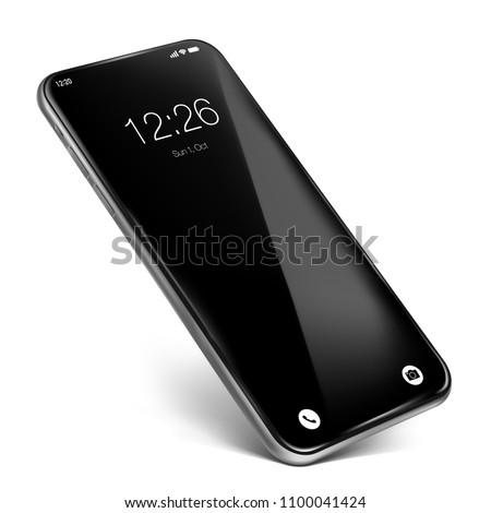 Smartphone frame less lockscreen. Standing on the corner, isolated on white background. Glossy layer on the top of the screen, easy way to paste your own content on screen by using clipping mask.