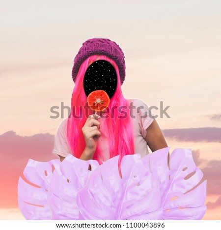 Girl with pink hair and space instead of a face holding an orange candy against the sky. Contemporary art collage. Concept of memphis style posters. 